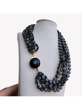 Vtg Multi-Strand Black & White Beaded Necklace Floral Skunk Design Fancy Clasp